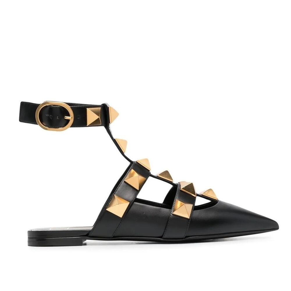 Valentino Garavani Black Roman Stud Ballerina Flat Ankle Strap 36